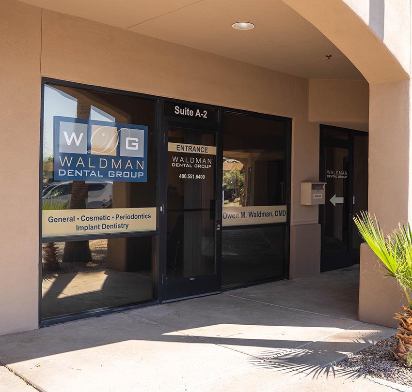 The front door of Waldman Dental Group dental office in Scottsdale, AZ